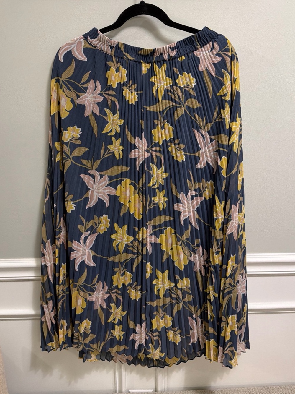 J. Crew Navy Pleated Maxi Skirt with Yellow & Blush Floral Print